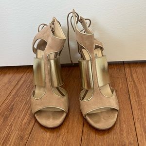 Authentic Jimmy Choo suede taupe & metallic block heels